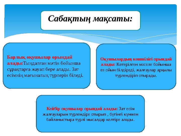 Сабақтың мақсаты: Барлық оқушылар орындай алады: Тыңдалған мәтін бойынша сұрақтарға жауап бере алады. Зат есімнің мағыналық т