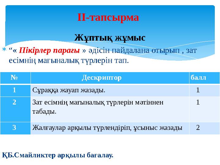 II -тапсырма Жұптық жұмыс  “ « Пікірлер парағы » әдісін пайдалана отырып , зат есімнің мағыналық түрлерін тап.