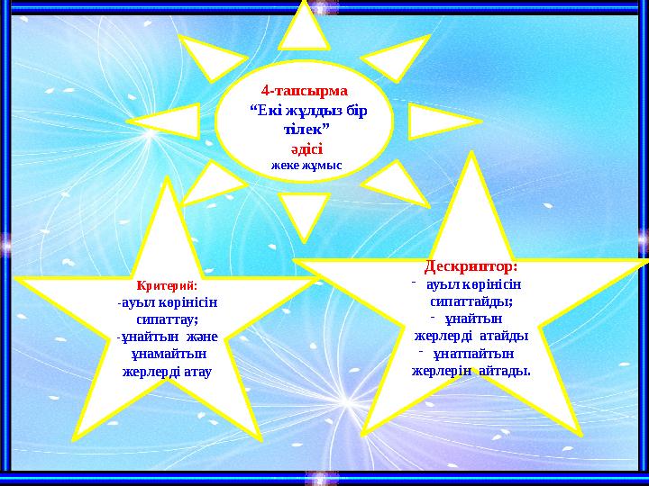 Критерий: -ауыл көрінісін сипаттау; -ұнайтын және ұнамайтын жерлерді атау Дескриптор: - ауыл көрінісін сипаттайды; - ұнайт