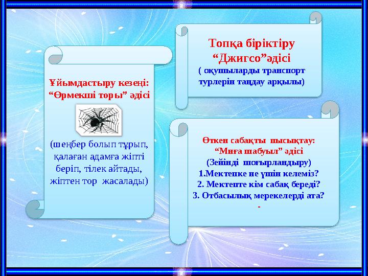 Ұйымдастыру кезеңі: “ Өрмекші торы” әдісі (шеңбер болып тұрып, қалаған адамға жіпті беріп, тілек айтады, жіптен тор жасала