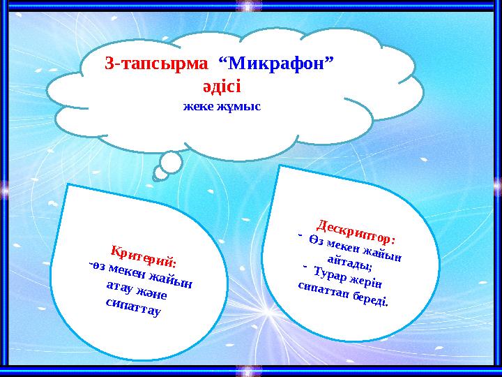 3-тапсырма “Микрафон” әдісі жеке жұмысК р и тер и й : -өз м ек ен ж ай ы н атау ж ән е си п аттау Д еск р и п тор : - Ө