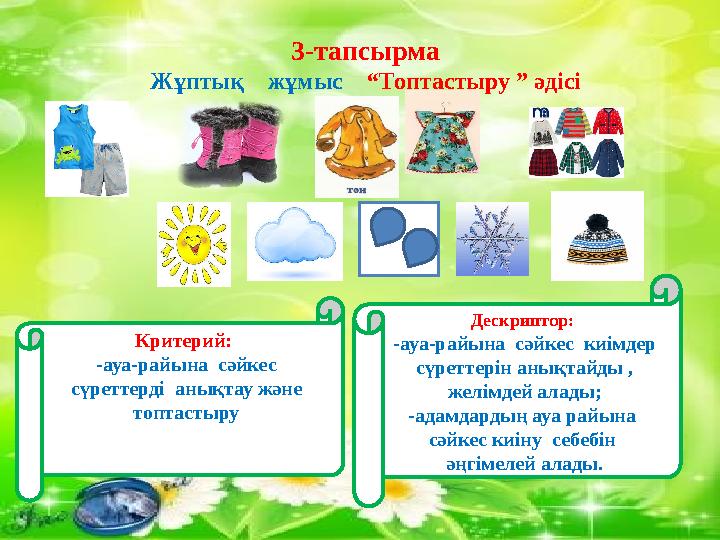 3-тапсырма Жұптық жұмыс “Топтастыру ” әдісі Дескриптор: -ауа-райына сәйкес киімдер сүреттерін анықтайды , желімдей