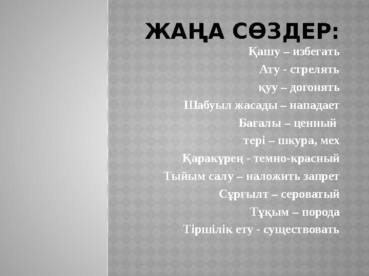 ЖАҢА СӨЗДЕР: Қашу – избегать Ату - стрелять қуу – догонять Шабуыл жасады – нападает Бағалы – ценный тері – шкура, мех Қара