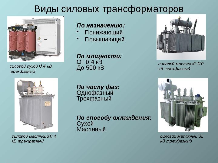 Виды силовых трансформаторов По назначению: • Понижающий • Повышающий силовой масляный 0,4 кВ трехфазный силовой масляный 35 к