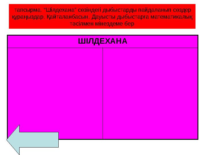 тапсырма. “Шілдехана” сөзіндегі дыбыстарды пайдаланып сөздер құраңыздар. Қайталанбасын. Дауысты дыбыстарға математикалық т