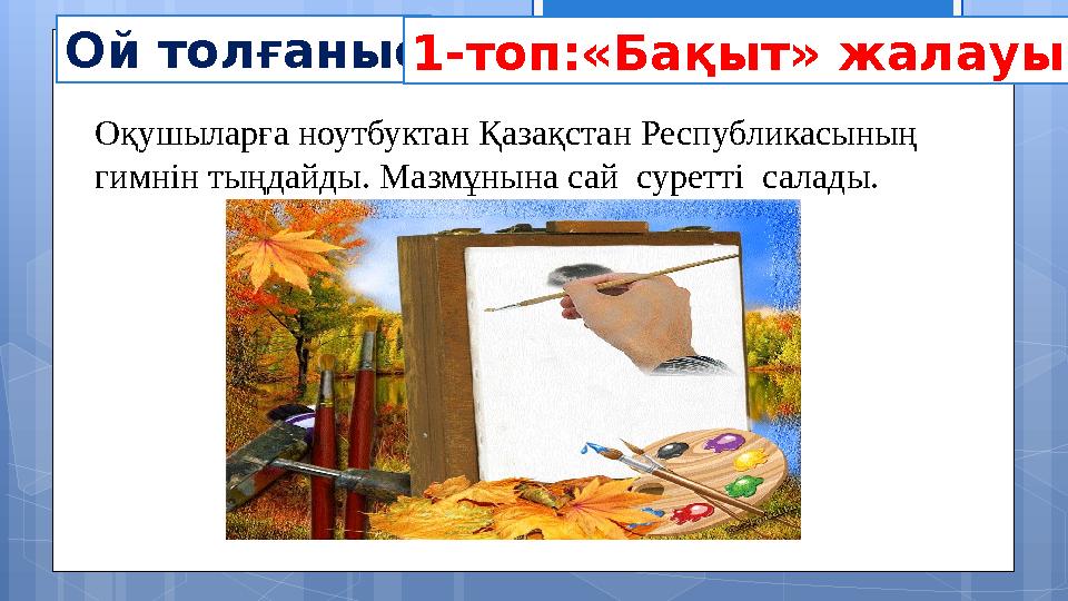Ой толғаныс 1-топ:«Бақыт» жалауы Оқушыларға ноутбуктан Қазақстан Республикасының гимнін тыңдайды. Мазмұнына сай суретті салад