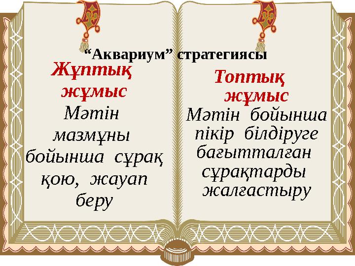 Жұптық жұмыс Мәтін мазмұны бойынша сұрақ қою, жауап беру Топтық жұмыс Мәтін бойынша пікір білдіруге бағытта