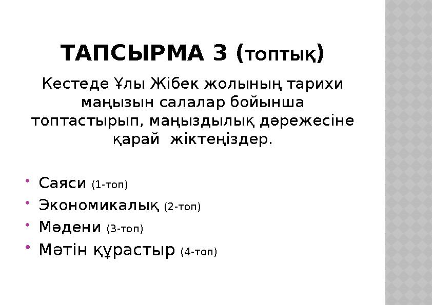 ТАПСЫРМА 3 ( ТОПТЫҚ ) Кестеде Ұлы Жібек жолының тарихи маңызын салалар бойынша топтастырып, маңыздылық дәрежесіне қарай жікт