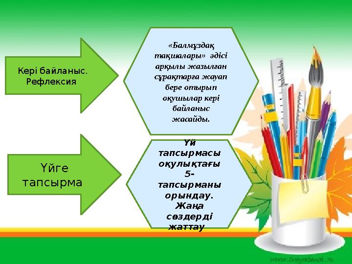 Кері байланыс. Рефлексия Үйге тапсырма « Балмұздақ тақшалары » әдісі арқылы жазылған сұрақтарға жауап бере отырып оқу