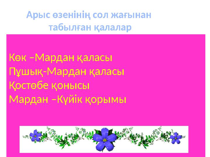 Арыс өзенінің сол жағынан табылған қалалар Көк –Мардан қаласы Пұшық-Мардан қаласы Қостөбе қонысы Мардан –Күйік қорымы