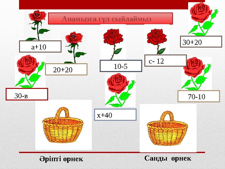 Әріпті өрнек Санды өрнек Анамызға гүл сыйлаймыз 30-в а+10 20+20 х+40 10-5 с- 12 70-1030