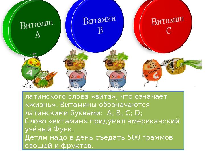 Слово «витамин» образовано от латинского слова «вита», что означает «жизнь». Витамины обозначаются латинскими буквами: А; B;