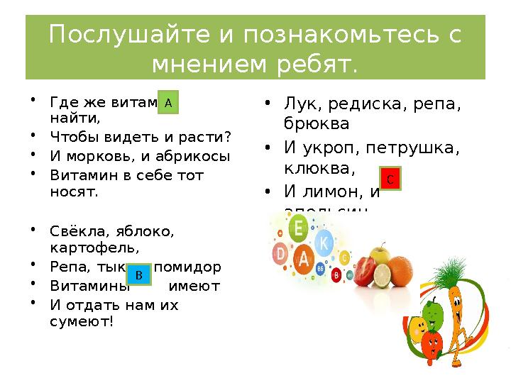 Послушайте и познакомьтесь с мнением ребят. • Где же витамин найти, • Чтобы видеть и расти? • И морковь, и абрикосы • Ви