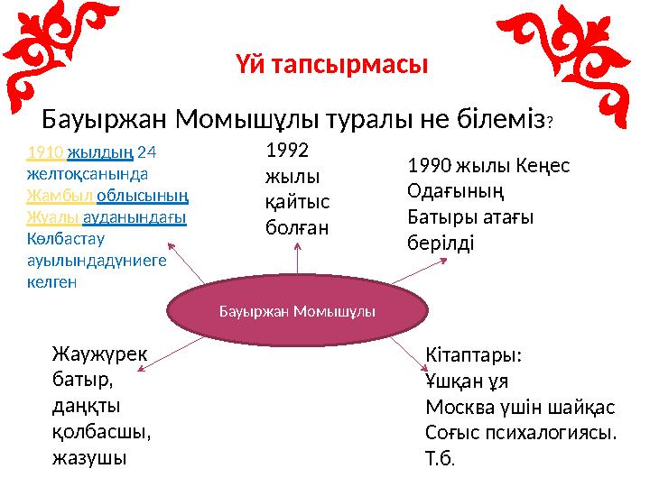 Үй тапсырмасы Бауыржан Moмышұлы туралы не білеміз ? 1910 жылдың 24 желтоқсанында Жамбыл облысының Жуалы ауданындағ