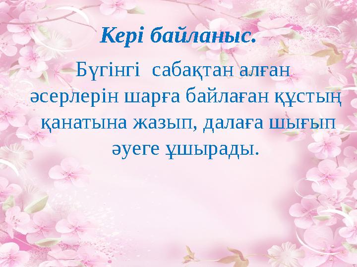 Кері байланыс. Бүгінгі сабақтан алған әсерлерін шарға байлаған құстың қанатына жазып, далаға шығып әуеге ұшырады.