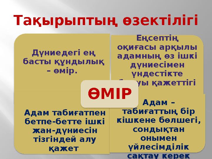 Тақырыптың өзектілігі Дүниедегі ең басты құндылық – өмір. Еңсептің оқиғасы арқылы адамның өз ішкі дүниесімен үндестікте Тақырыптың өзектілігі Дүниедегі ең басты құндылық – өмір. Еңсептің оқиғасы арқылы адамның өз ішкі дүниесімен үндестікте