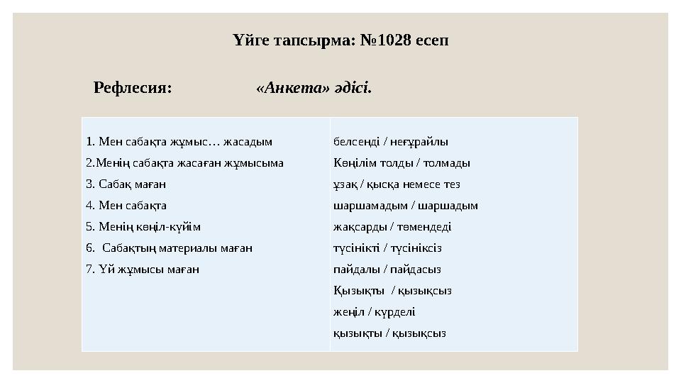 Үйге тапсырма: №1028 есеп Рефлесия: «Анкета» әдісі. 1. Мен сабақта жұмыс… жасадым 2.Менің сабақта жасаған жұмысыма 3. Сабақ ма