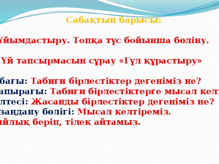 Сабақтың барысы: І. Ұйымдастыру. Топқа түс бойынша бөліну. ІІ. Үй тапсырмасын сұрау «Гүл құрастыру» Сабағы: Табиғи бірлестіктер