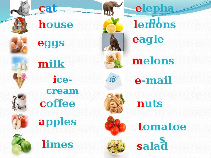 c at h ouse e ggs m ilk i ce- cream c offee a pples l imes e lepha nt l emons e agle m elons n utse -mail t omatoe s s alad