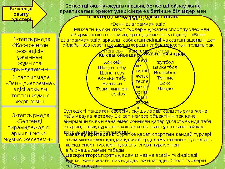 Белсенді оқыту әдістері Белсенді оқыту-оқушылардың белсенді ойлау және практикалық әрекет үдерісінде өз бетінше білімдер мен