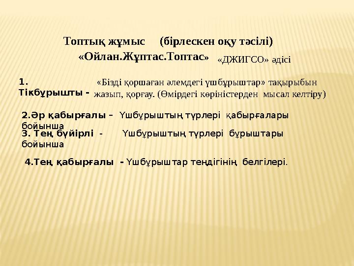 Топтық жұмыс (бірлескен оқу тәсілі) «Ойлан.Жұптас.Топтас » «ДЖИГСО» әдісі « Бізді қоршаған әлемдегі үшбұр