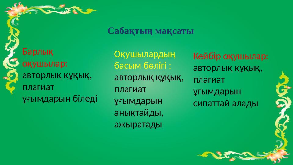 Сабақтың мақсаты Кейбір оқушылар: авторлық құқық, плагиат ұғымдарын сипаттай аладыОқушылардың басым бөлігі : авторлық құқық,