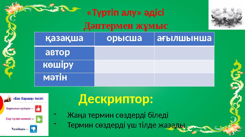 «Түртіп алу» әдісі Дəптермен жұмыс қазақша орысша ағылшынша автор көшіру мəтін Дескриптор: - Жаңа термин сөздер