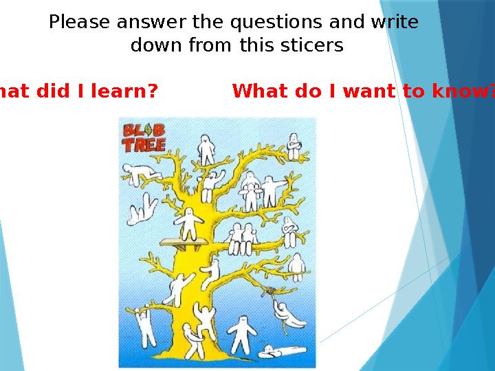 Please answer the questions and write down from this sticers What did I learn? What do I want to know?