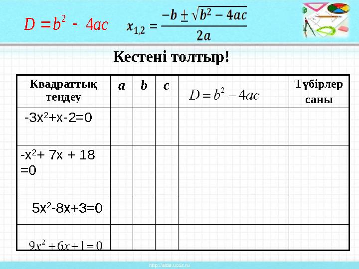 Квадраттық теңдеу a b c Түбірлер саны -3 x 2 + х-2 =0 -x 2 + 7x + 18 =0 5х 2 -8х+3=0 Кестені толтыр!2 4 D b ac  