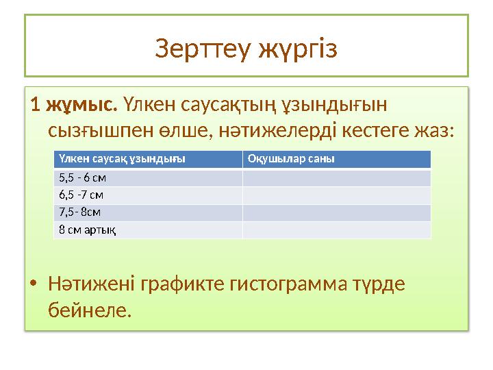 Зерттеу жүргіз 1 жұмыс . Үлкен саусақтың ұзындығын сызғышпен өлше, нәтижелерді кестеге жаз: • Нәтижені графикте гистограмма тү