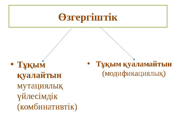 Өзгергіштік • Тұқым қуалайтын мутациялық үйлесімдік (комбинативтік) • Тұқым қуаламайтын (модификациялық)