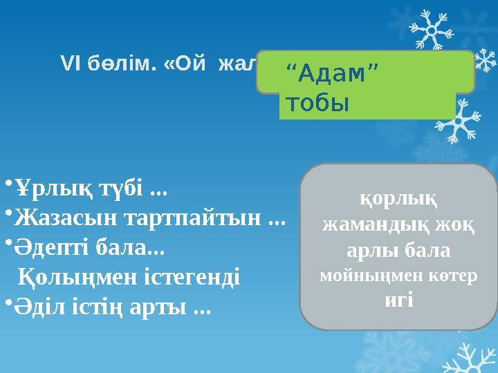 V І бөлім. «Ой жалғау кезеңі» “ Адам” тобы • Ұрлық түбі ... • Жазасын тартпайтын ... • Әдепті бала... Қолыңмен істегенді •