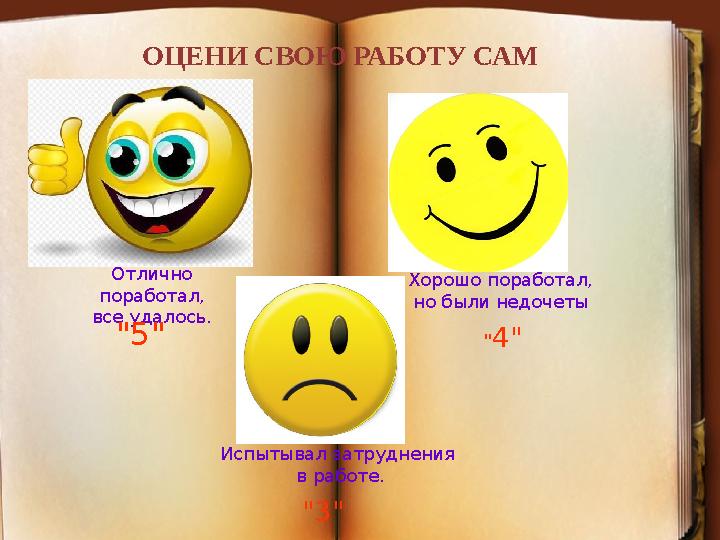 ОЦЕНИ СВОЮ РАБОТУ САМ Отлично поработал, все удалось. "5" Хорошо поработал, но были недочеты " 4" Испытывал затруднения в раб