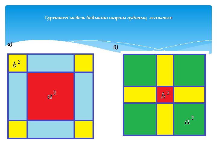 Суреттегі модель бойынша шаршы ауданың жазыныз : а) б)