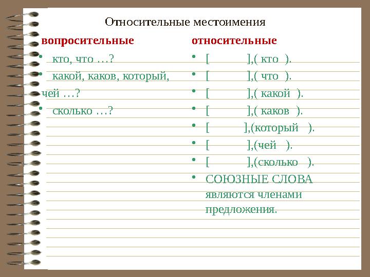 Относительные местоимения вопросительные • кто, что …? • какой, каков, который, чей …? • сколько …? относительные • [