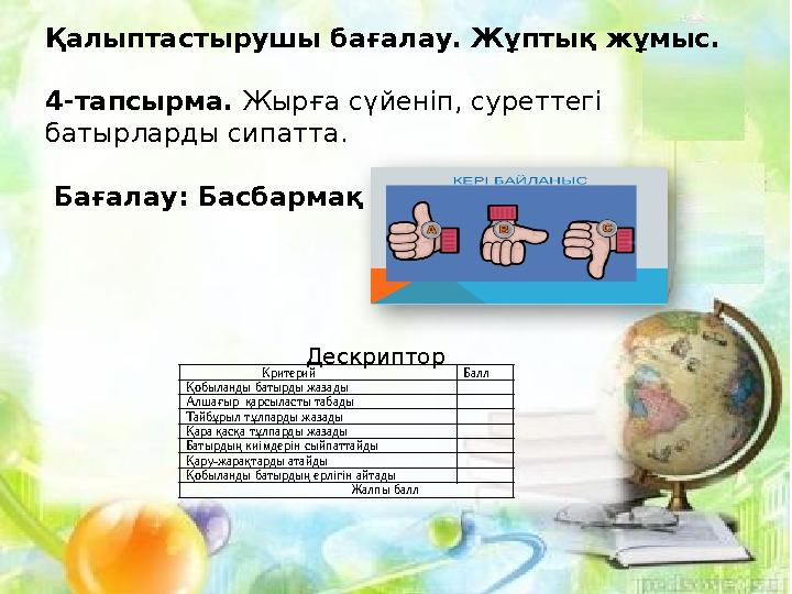 • Суреттегі батырлар кімдер? • Олардың тұлпарларының аты. • Киімдері. • Қару-жарақтары. Критерий Балл Қо