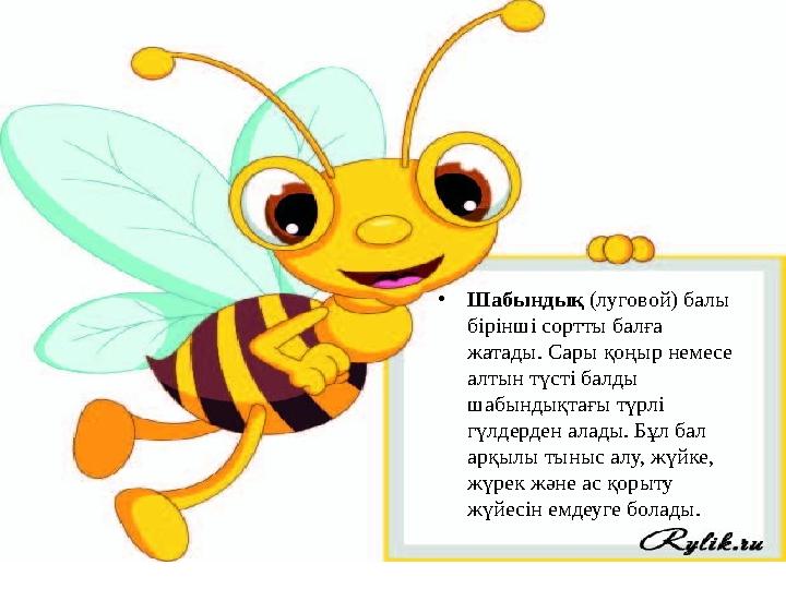 • Шабындық (луговой) балы бірінші сортты балға жатады. Сары қоңыр немесе алтын түсті балды шабындықтағы түрлі гүлдерден ал