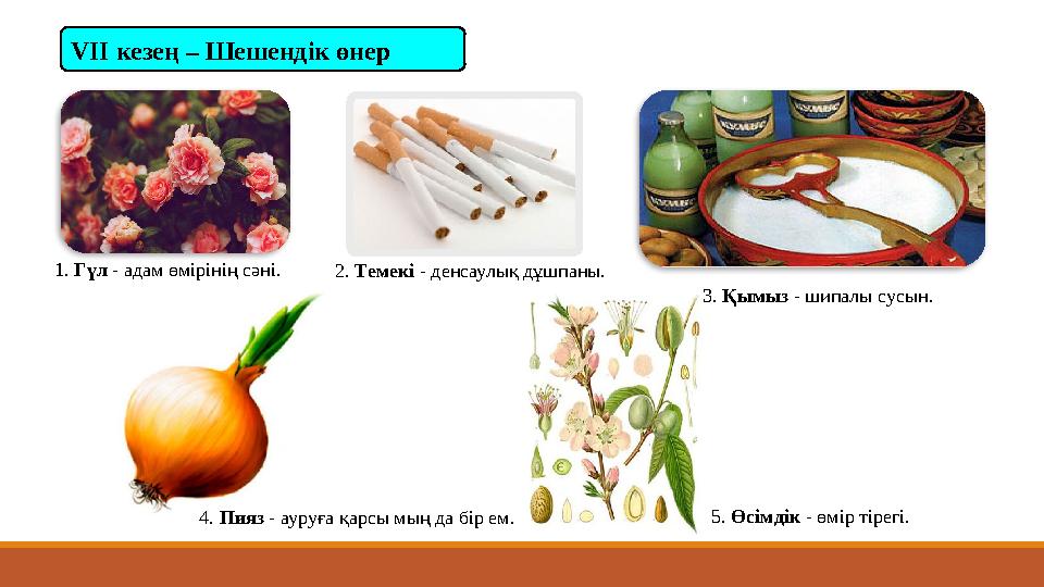 V ІІ кезең – Шешендік өнер 1. Гүл - адам өмірінің сәні. 2. Темекі - денсаулық дұшпаны. 3. Қымыз - шипалы сусын. 4. Пияз V ІІ кезең – Шешендік өнер 1. Гүл - адам өмірінің сәні. 2. Темекі - денсаулық дұшпаны. 3. Қымыз - шипалы сусын. 4. Пияз