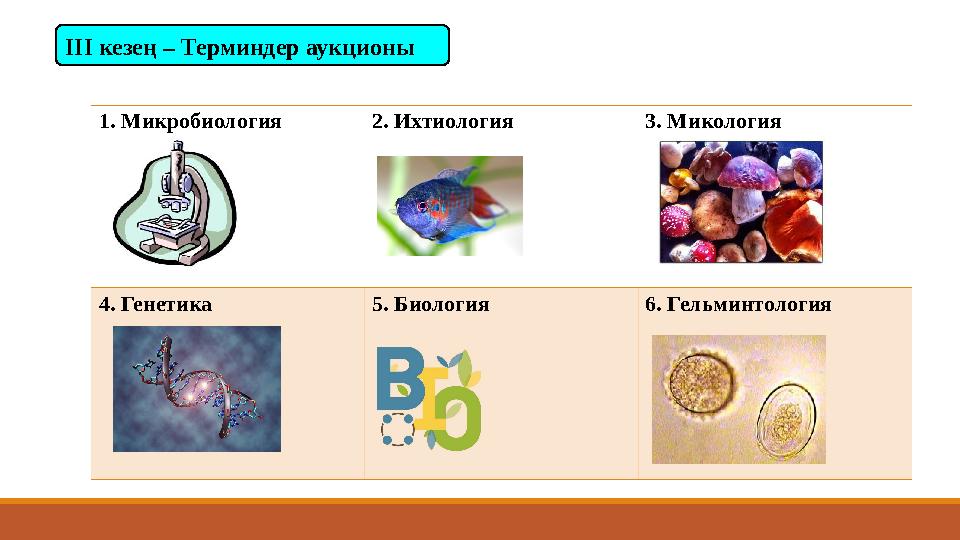 ІІІ кезең – Терминдер аукционы 1. Микробиология 2. Ихтиология 3. Микология 4. Генетика 5. Биология 6. Гельминтология ІІІ кезең – Терминдер аукционы 1. Микробиология 2. Ихтиология 3. Микология 4. Генетика 5. Биология 6. Гельминтология