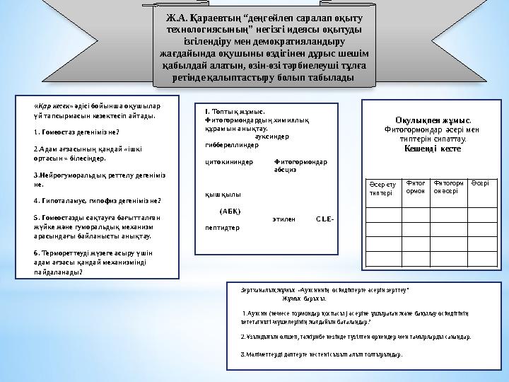 Ж.А. Қараевтың “деңгейлеп саралап оқыту технологиясының” негізгі идеясы оқытуды ізгілендіру мен демократияландыру жағдайында