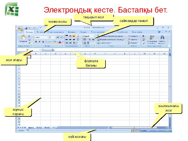 Электрондық кесте . Бастапқы бет. формула бағаныформула бағанытақырып жол тақырып жол жұмыс парағыжұмыс парағы меню жолыме