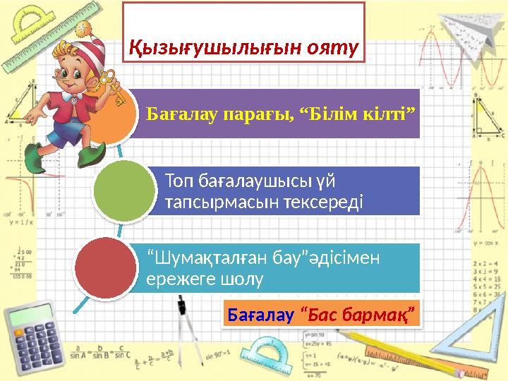 Қызығушылығын ояту Бағалау парағы, “Білім кілті” Топ бағалаушысы үй тапсырмасын тексереді “ Шумақталған бау”әдісімен ережеге ш