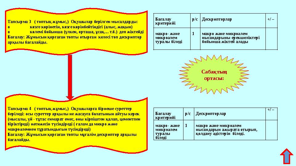 Тапсырма 3 ( топтық жұмыс,) Оқушылар берілген мысалдарды: o көзге көрінетін, көзге көрінбейтіндігі (алыс, жақын) o көлемі бой