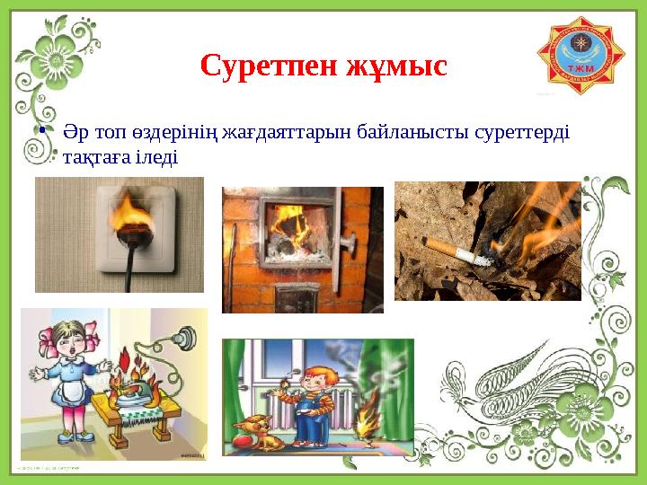 Суретпен жұмыс • Әр топ өздерінің жағдаяттарын байланысты суреттерді тақтаға іледі