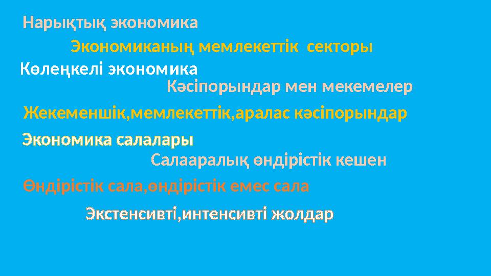Нарықтық экономика Экономиканың мемлекеттік секторы Көлеңкелі экономика Кәсіпорындар мен мекемелер Жекеменшік,мемлекеттік,арала