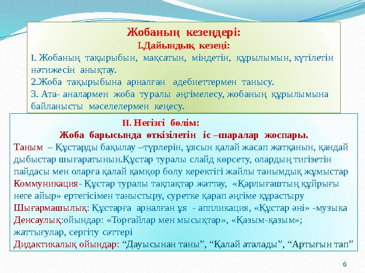 6Жобаның кезеңдері: I .Дайындық кезеңі: I . Жобаның тақырыбын, мақсатын, міндетін, құрылымын, күтілетін нәтижесін анық