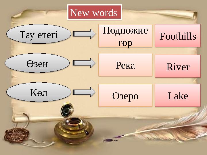 Тау етегі Подножие гор Foothills Өзен К өл Река Озеро River LakeNew words