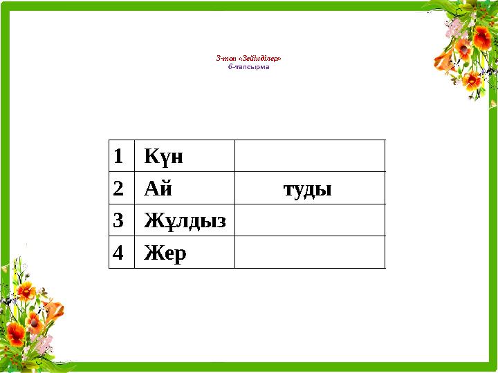 3-топ «Зейінділер» 6 -тапсырма 1 Күн 2 Ай туды 3 Жұлдыз 4 Жер