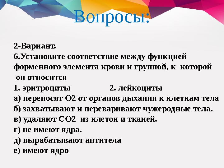 Вопросы: 2-Вариант. 6.Установите соответствие между функцией форменного элемента крови и группой, к которой он относится 1