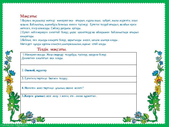 Мақсаты: 1.Барлық оқушылар: мәтінді мәнерлеп оқи отырып, нұрлы ақыл, қайрат, жылы жүректің асыл қазына. Байлықтың, әшеке